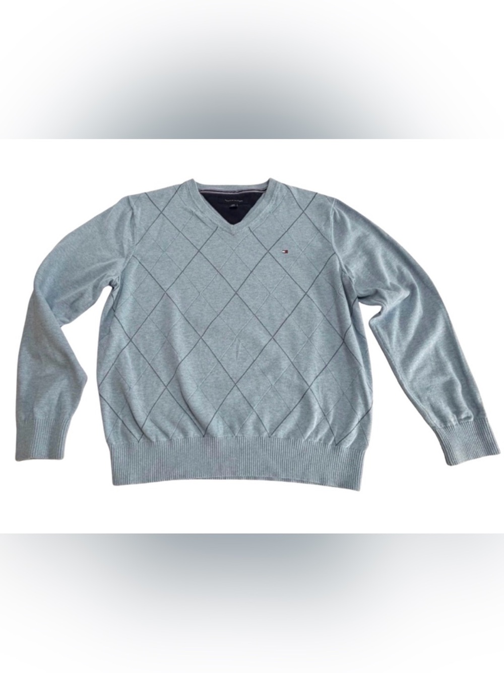 Tommy Hilfiger Light Blue V-Neck Argyle Style Sweater Mens L